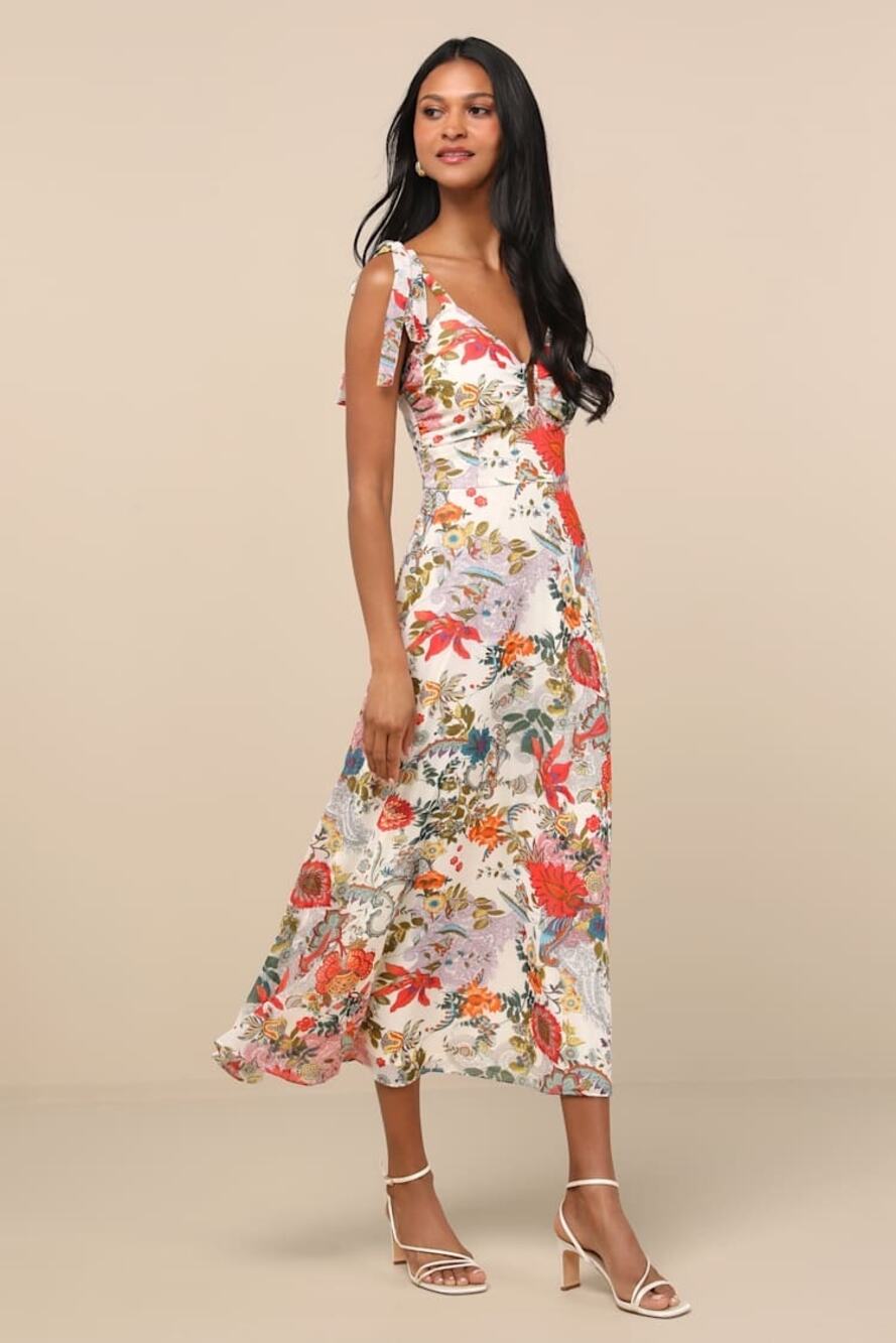 NWT Lulus Simply Blissful Ivory Multi Floral Tie-Strap A-Line Midi Dress M